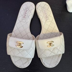 Chanel white quilted turn lock golden CC logo sandals